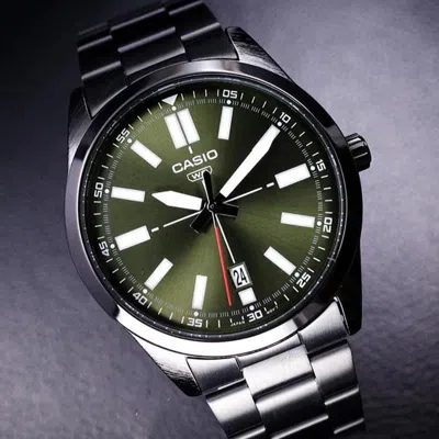 Casio Dress Pointer Display Analog Watch 'metallic Black Green' In Blue