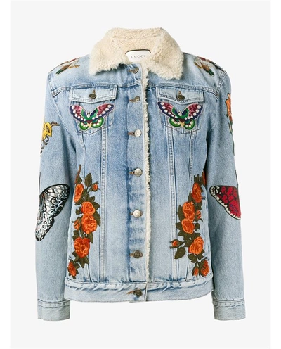 Shop Gucci Embroidered Denim Jacket With Shearling Lining