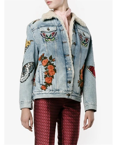 Shop Gucci Embroidered Denim Jacket With Shearling Lining