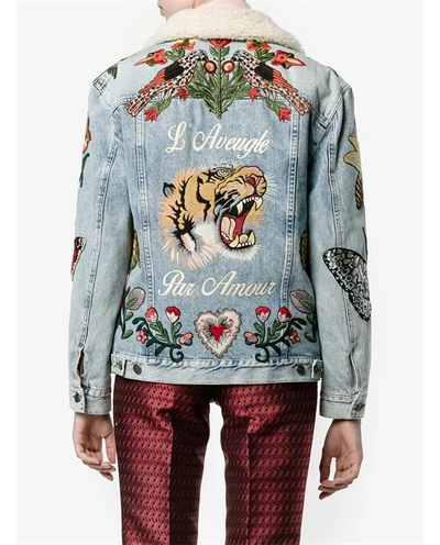 Shop Gucci Embroidered Denim Jacket With Shearling Lining