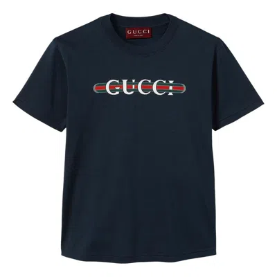 Gucci Blue Logo Cotton T-shirt In Blue