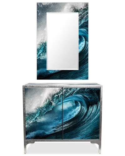 Empire Art Direct Sapphire Sea Reverse Printed Beveled Art Glass Console & Mirror Set In Blue