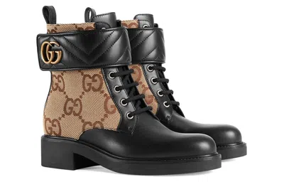 Gucci Gg Marmont Round-toe Leather And Canvas Ankle Boots In Black