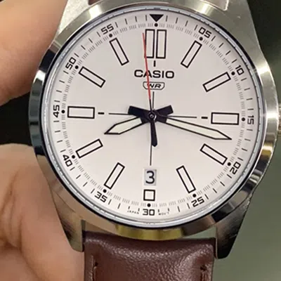 Casio Dress Pointer Display Analog Watch 'red Silver White' In Brown