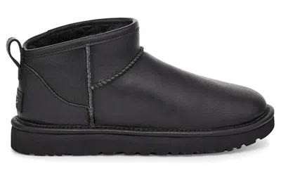 Ugg Classic Ultra Mini Black Ankle Boots With Shearling Lining In Leather Woman In Black