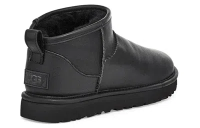 Ugg Classic Ultra Mini Black Ankle Boots With Shearling Lining In Leather Woman In Black