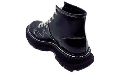 Alexander Mcqueen Contrast Stitching Chunky Outsole Patent Leather Combat Boots In Black