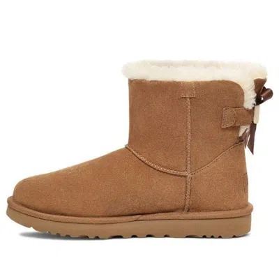 Ugg Camel Suede Mini Bailey Bow Ankle Boots In Brown