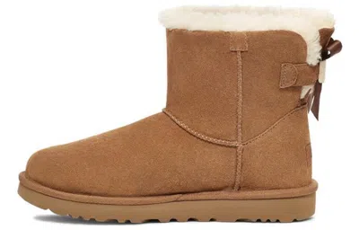 Ugg Camel Suede Mini Bailey Bow Ankle Boots In Brown