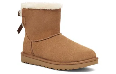 Ugg Camel Suede Mini Bailey Bow Ankle Boots In Brown