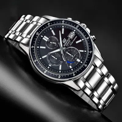 Casio Edifice Quartz Waterproof Solar Powered Stainless Steel Strap Mens Black Analog In Metallic