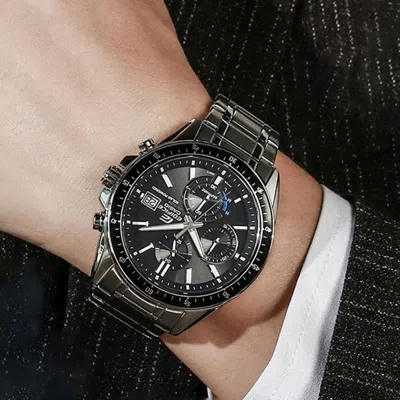 Casio Edifice Quartz Waterproof Solar Powered Stainless Steel Strap Mens Black Analog In Metallic