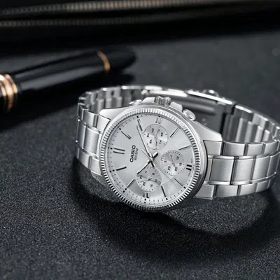 Casio Waterproof Stainless Steel Strap Quartz Mens White Analog In Silver