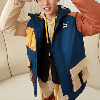 Puma Retro Block Down Jacket 'blue Yellow Brown' In Multi