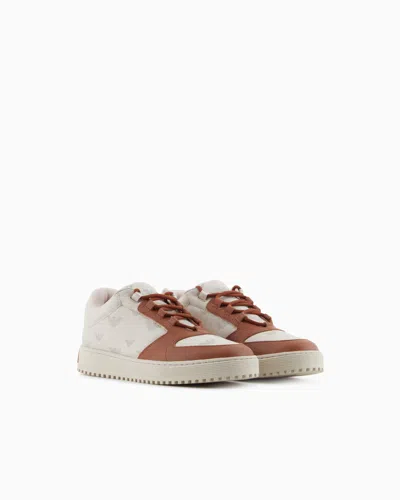 Emporio Armani Canvas Sneakers With All-over Eagles In Neutral