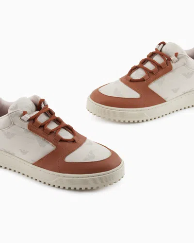 Emporio Armani Canvas Sneakers With All-over Eagles In Neutral