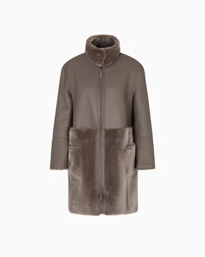 Emporio Armani Asv Reversible Coat In Spanish Merino Shearling Lambskin In Brown