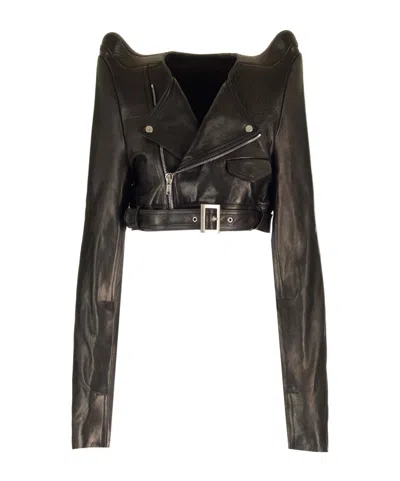 Rick Owens Micro Biker In Black Leather Jackets Black In Black