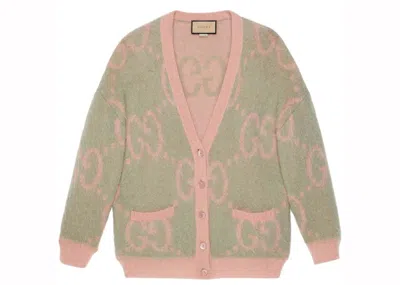 Pre-owned Gucci Women's  Reversible Gg Cardigan In Salmon Pink/pastel Green
