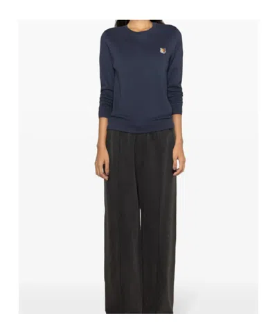 Maison Kitsuné Blue Crewneck Sweater With Fox Head Logo Patch On The Front In Cotton Woman In Blue