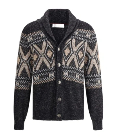 Brunello Cucinelli Lapel Long Sleeve Sweater In Gray