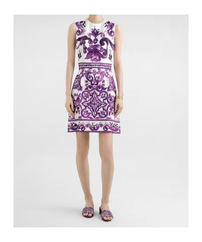 Dolce & Gabbana Women Maiolica Print Cotton Blend Dress In Purple