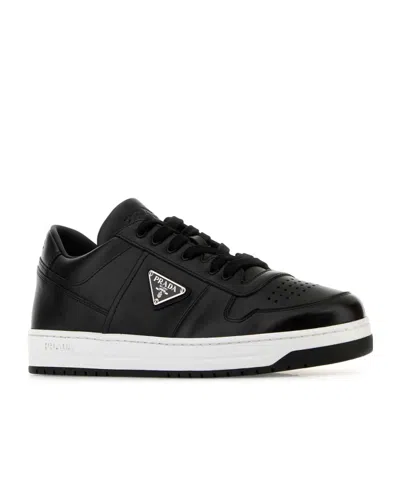 Prada Leather Sneakers With Perforated Toe Cap In Black