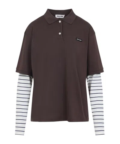 Miu Miu Lapel Long Sleeve Polo Shirt In Brown