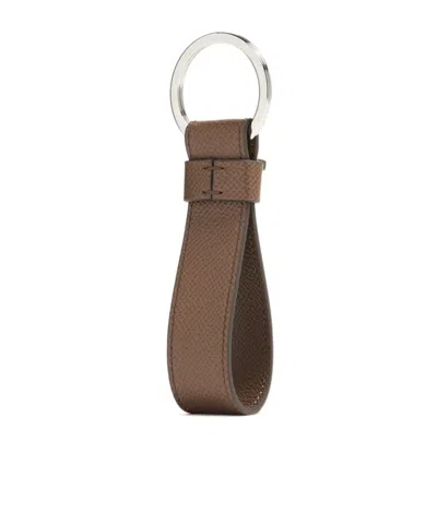 Tod's Taupe Calf Leather Keychain With Ostrich Print In Brown