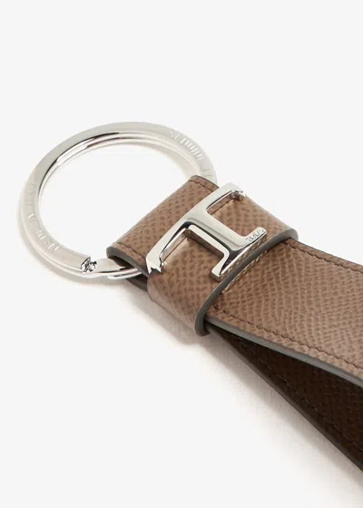 Tod's Taupe Calf Leather Keychain With Ostrich Print In Brown