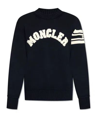 Moncler Cotton Crew Neck Sweater With Ribbed Cuffs And Hem In Blue