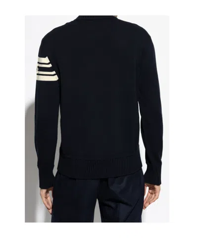 Moncler Cotton Crew Neck Sweater With Ribbed Cuffs And Hem In Blue