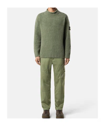 Stone Island Mock Neck Sweater With Reverse Stitch Details In Green