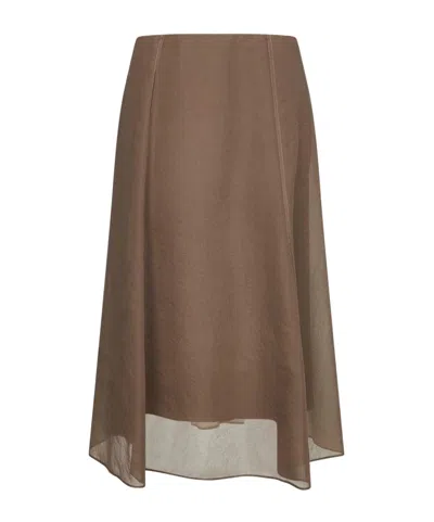 Brunello Cucinelli Stitching-detail A-line Midi Skirt In Brown