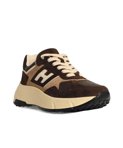Hogan Leather Sneakers With Contrast Sole And Suede Panels In Brown