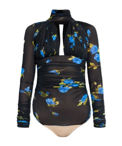 Blumarine Floral-print Ruched Bodysuit In Black