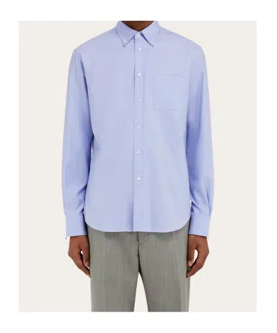 Ferragamo Shirt With Tonal Embroidered F In Blue