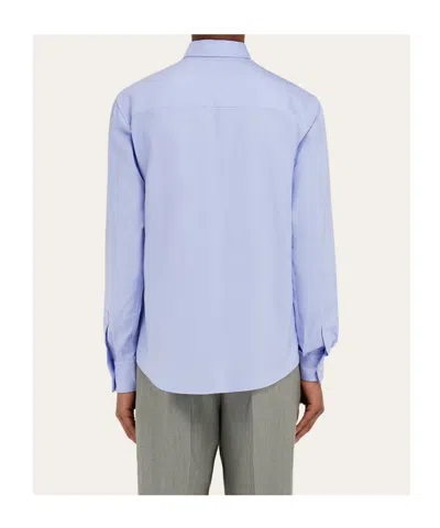 Ferragamo Shirt With Tonal Embroidered F In Blue