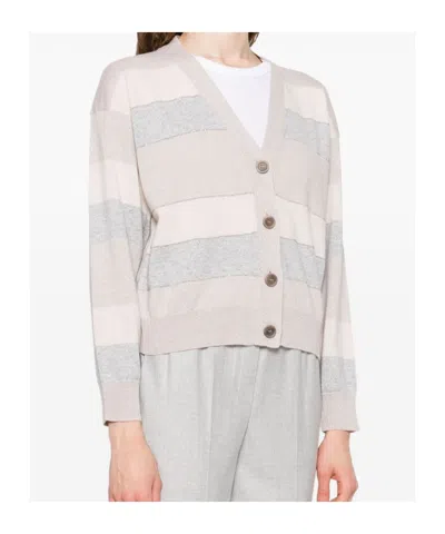 Peserico Striped Button-up Cardigan In Gray