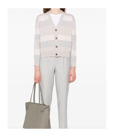 Peserico Striped Button-up Cardigan In Gray