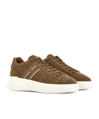 Hogan Earth Brown Leather Sneakers With Memory Foam Insole And Appliqué Logo In Brown