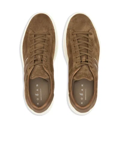 Hogan Earth Brown Leather Sneakers With Memory Foam Insole And Appliqué Logo In Brown