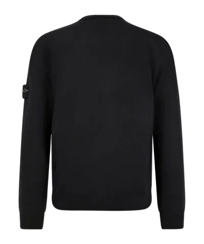 Stone Island Wool Cardigan With Ribbed Profiles And Pockets In Black