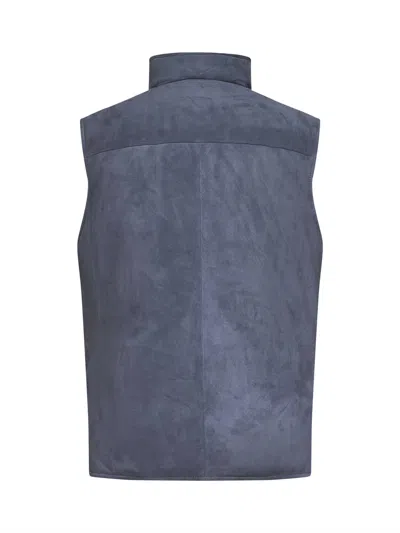 Brunello Cucinelli Light Blue Suede Sleeveless Down Jacket In Blue