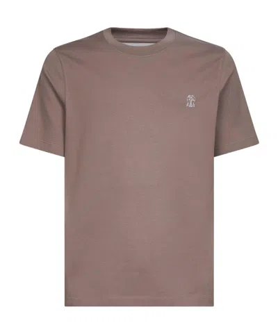 Brunello Cucinelli Mud Cotton Solomeo Crest T-shirt In Brown