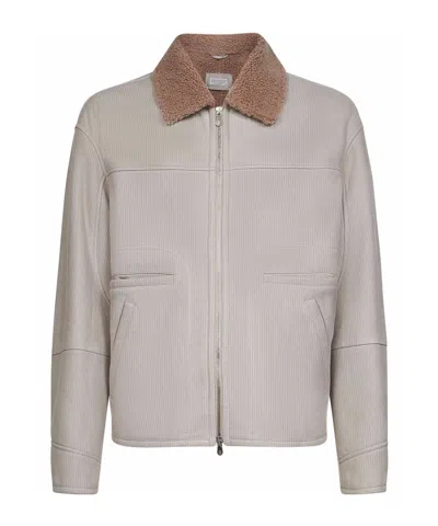 Brunello Cucinelli Long-sleeved Leather Jacket In Gray