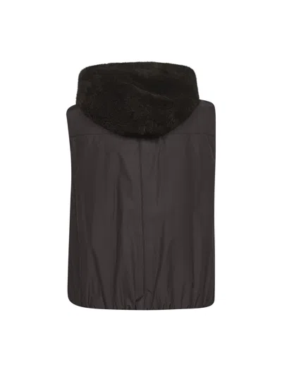 Brunello Cucinelli Brown Fur And Nylon Reversible Vest In Black