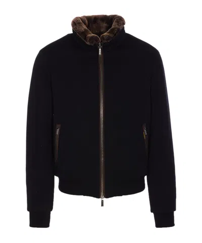 Moorer Padded Fleece Zip-up Jacket With Detachable Faux-fur Collar In Brown