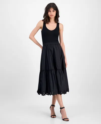 T Tahari Women's Ribbed Tiered-skirt Embroidered-hem Midi Dress