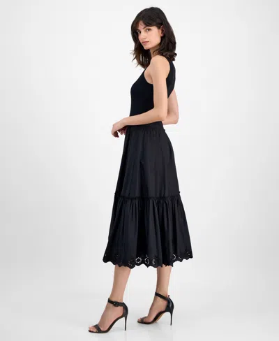 T Tahari Women's Ribbed Tiered-skirt Embroidered-hem Midi Dress
